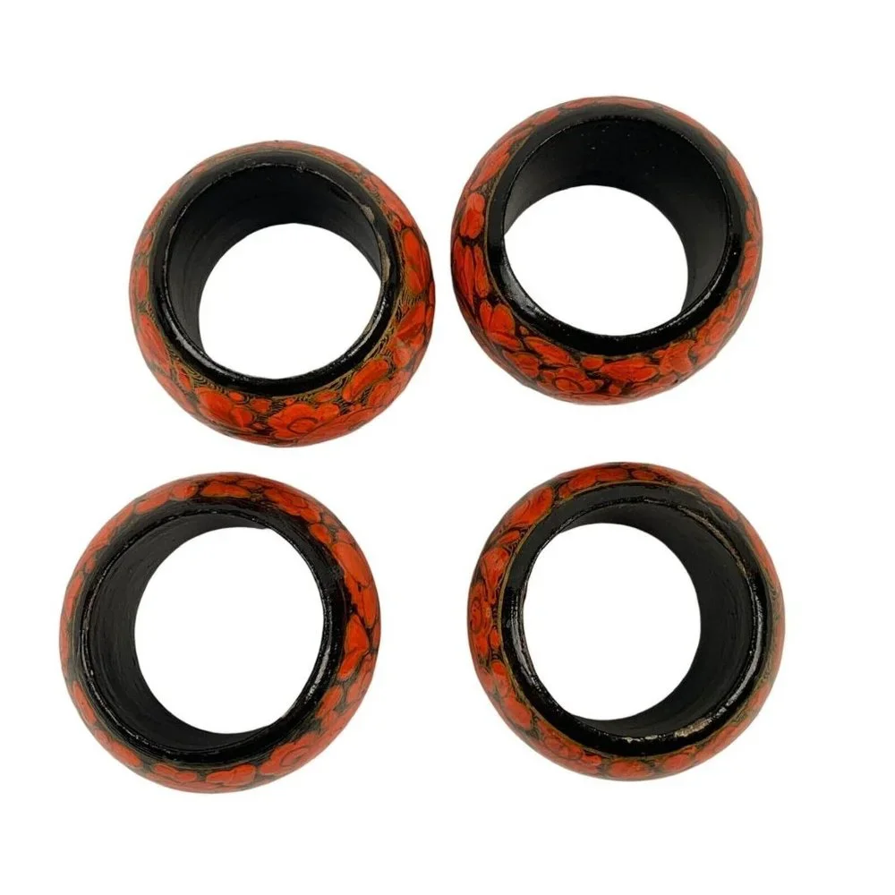 Vintage Floral Painted Wood Napkin Rings Orange Black Set of 4 Boho